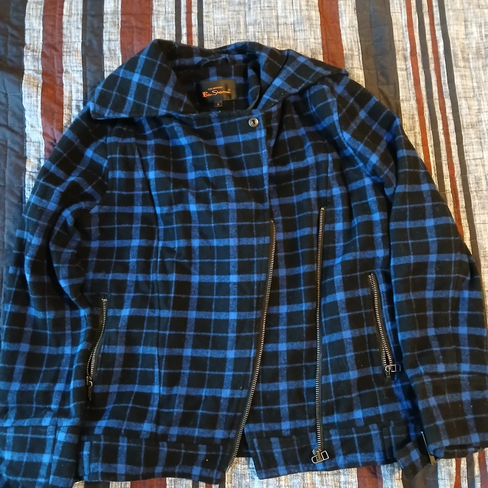 Ben Sherman Biker Moto Black And Blue Plaid Jacket - Picture 1 of 6